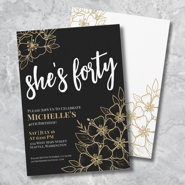 Invitation Fête d'anniversaire des 40 ans de Black Gold (Elegant Forty Black Gold 40th Birthday Party Invitation)