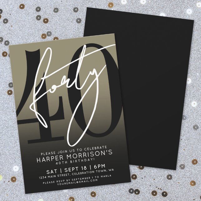 Invitation Fête d'anniversaire des 40 ans de Black Gold Moder (Modern Black Gold 40th Birthday Party Invitation)