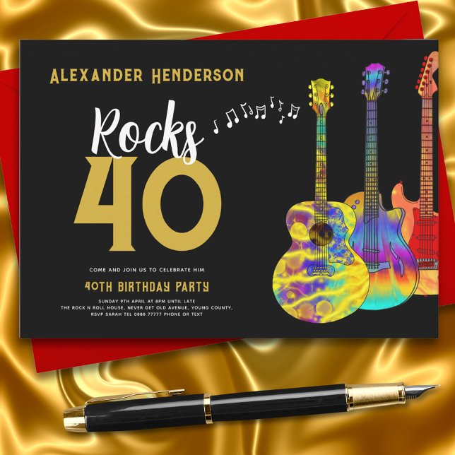 Invitation Fête d'anniversaire des 40 ans de Guitar Music (Rock ad roll black and gold 50th birthday party invitation with psychedelic guitars and music)