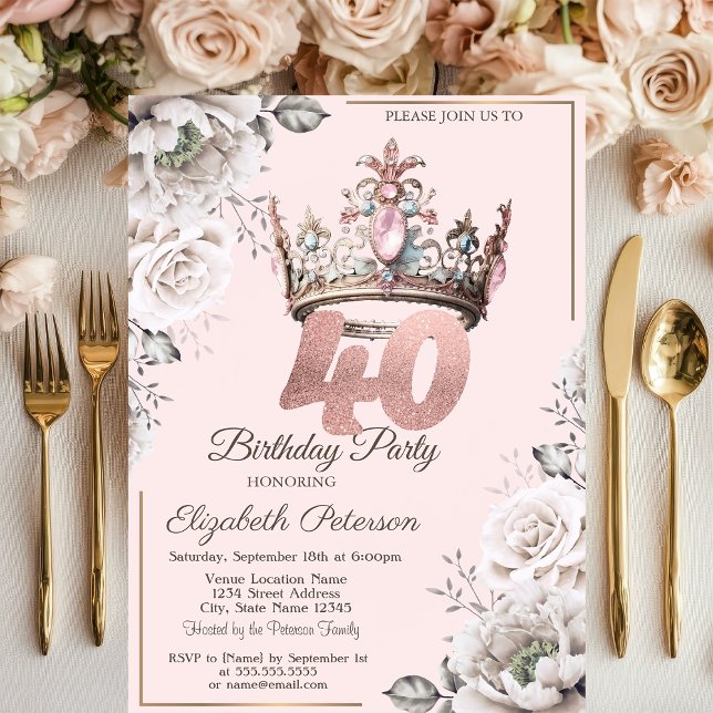 Invitation Fête d'anniversaire des 40 ans Princess Crown Flor (Créateur téléchargé)