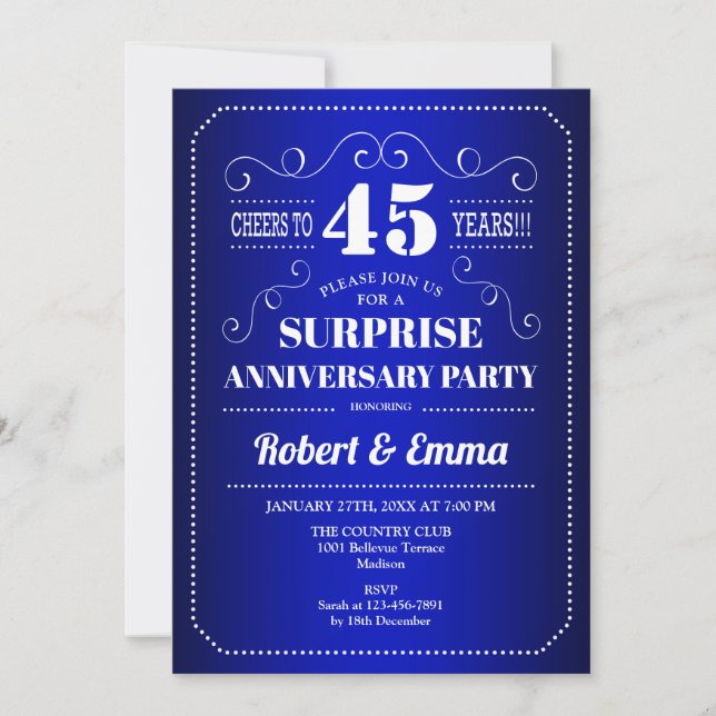 Invitation Fête d'anniversaire des 45 ans Surprise - Bleu Sap (Devant)