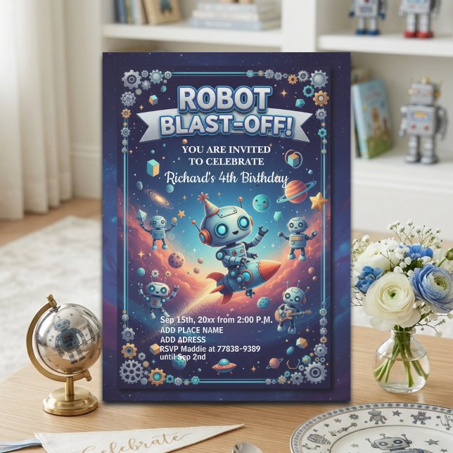 Invitation Fête d'anniversaire des 4 ans Robots dans l'espace (Créateur téléchargé)