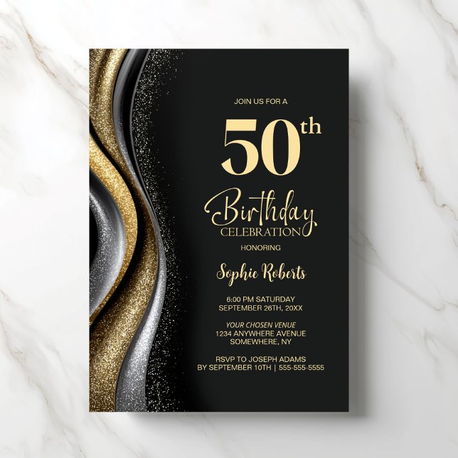 Invitation Fête d'anniversaire des 50 ans Black Gold (Créateur téléchargé)
