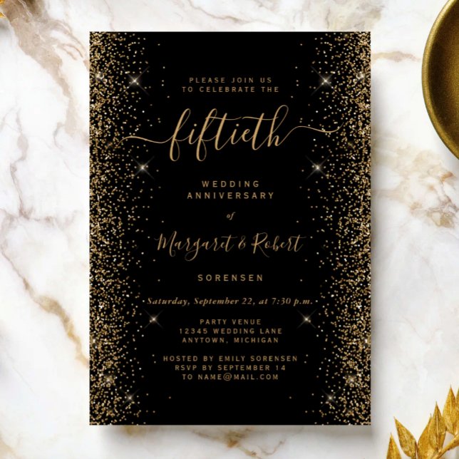 Invitation Fête d'anniversaire des 50 ans Black Gold Glitter (Créateur téléchargé)