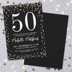 Invitation Fête d'anniversaire des 50 ans Black Gold Glitter