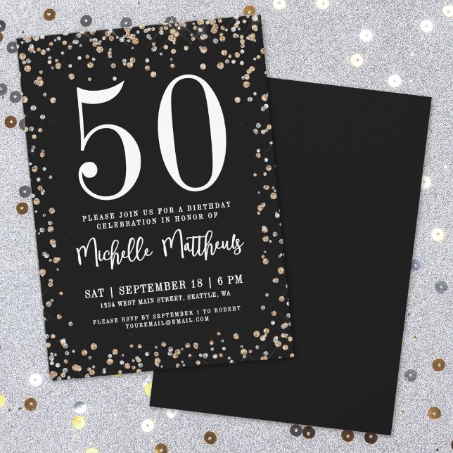Invitation Fête d'anniversaire des 50 ans Black Gold Glitter (Black Gold Glitter 50th Birthday Party Invitation)