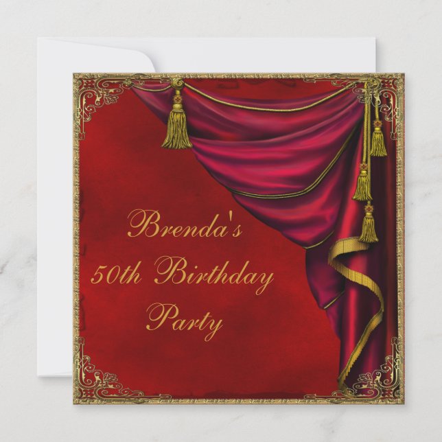 Invitation Fête d'anniversaire des 50 ans de femme en or roug (Devant)