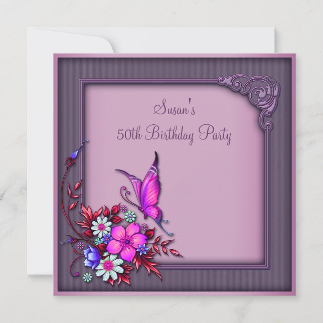 Invitation Fête d'anniversaire des 50 ans de femme Papillon (Devant)