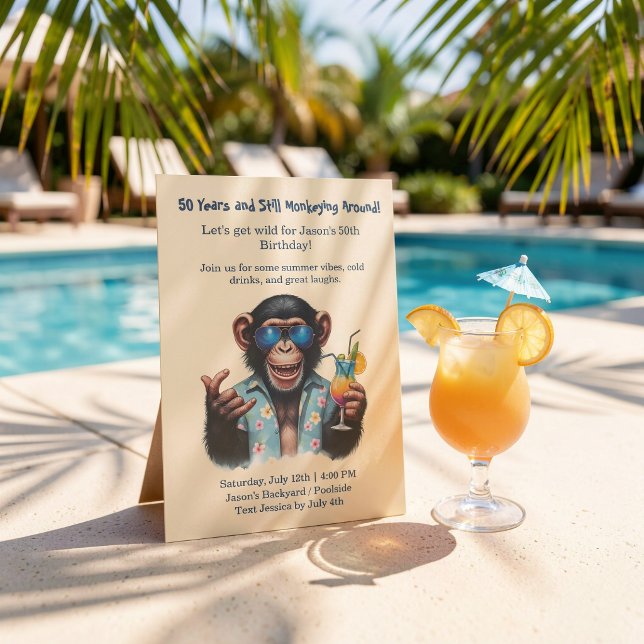Invitation Fête d'anniversaire des 50 ans de Summer Monkey -  (Summer Monkey 50th Birthday Party Let's Get Wild Invitation)