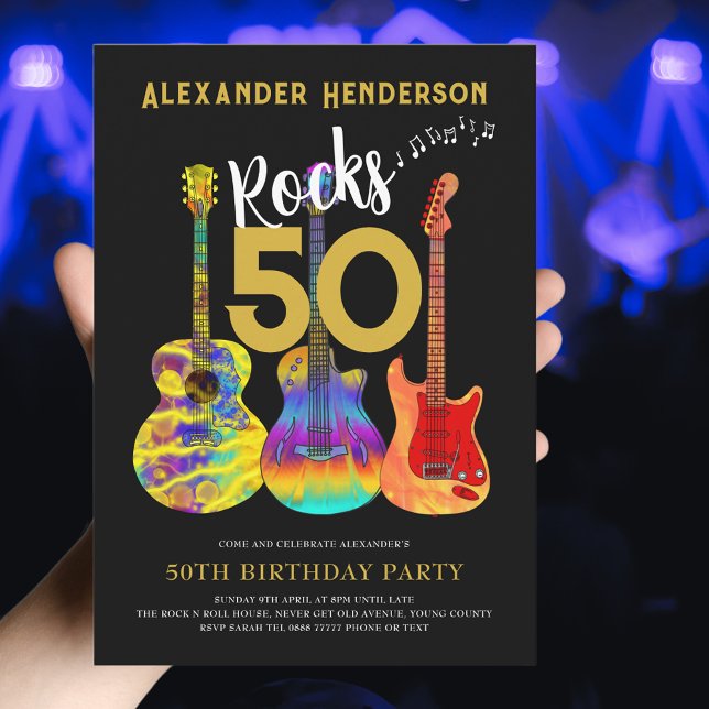 Invitation Fête d'anniversaire des 50 ans du Rock and Roll (Rock and roll 50th birthday invitation for him funky guitars cool modern gold typography on black)