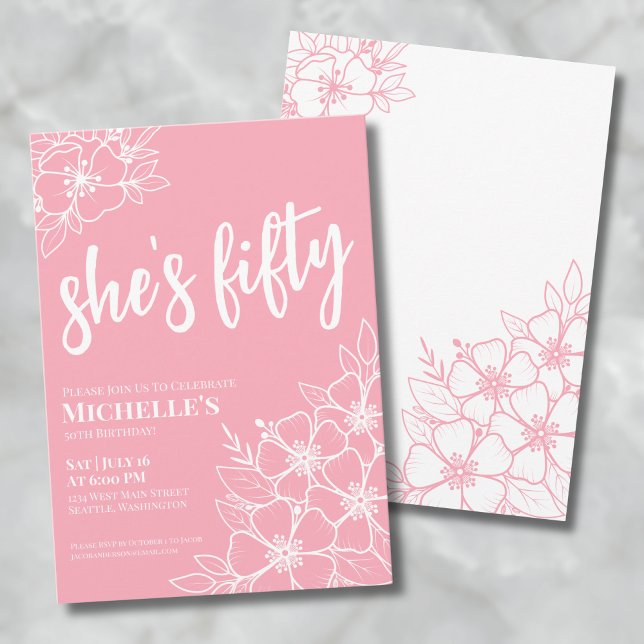 Invitation Fête d'anniversaire des 50 ans Floral Fifty (Floral Fifty Pink 50th Birthday Party Invitation)
