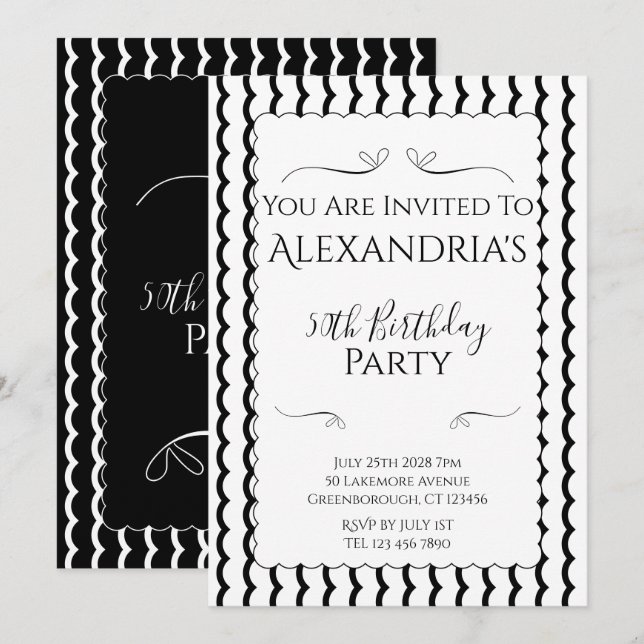 Invitation Fête d'anniversaire des 50 ans moderne noir et bla (Devant / Derrière)