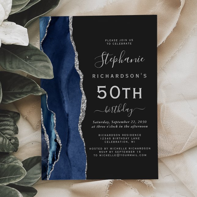 Invitation Fête d'anniversaire des 50 ans Navy Blue Silver Ag (Créateur téléchargé)