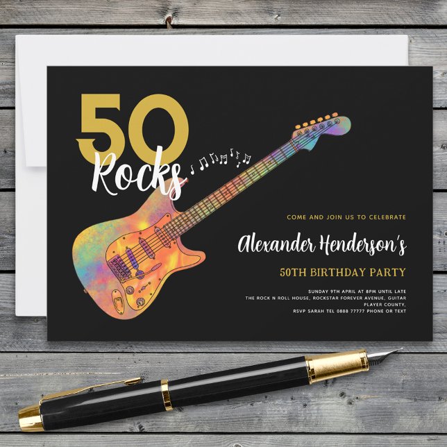 Invitation Fête d'anniversaire des 50 ans Rock and Roll (50 Rocks cool guitar 50th birthday party black and gold invitation )