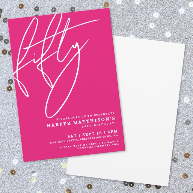 Invitation Fête d'anniversaire des 50 ans Rose Chaud (Hot Pink Fifty 50th Birthday Party Invitation)