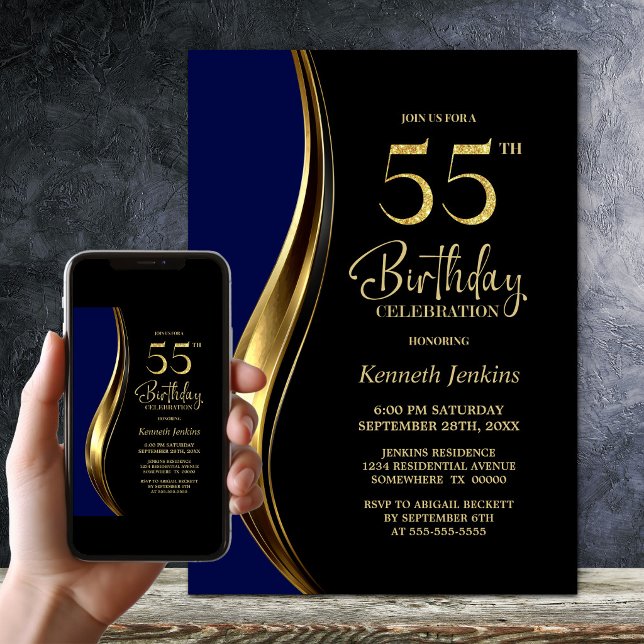 Invitation Fête d'anniversaire des 55 ans de Black Gold Blue (Créateur téléchargé)