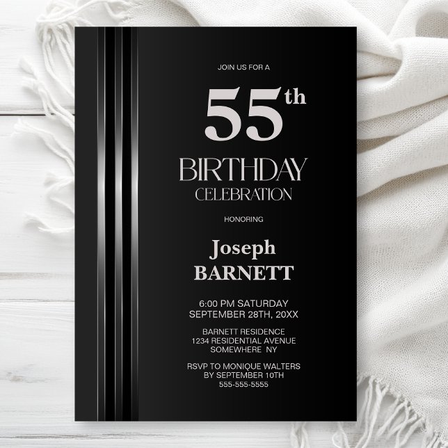 Invitation Fête d'anniversaire des 55 ans gris noir rayé d'ar (Créateur téléchargé)