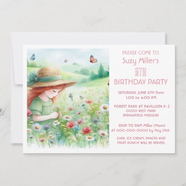 Invitation Fête d'anniversaire des 5 ans de la fille aux fleu (Devant)