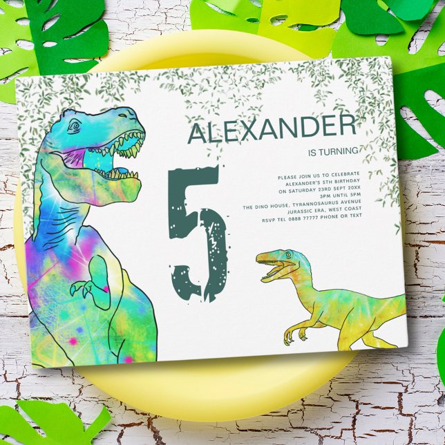 Invitation Fête d'anniversaire des 5 ans du dinosaure T-Rex e (dinosaur 5th birthday party invitation with colorful T-Rex and Velociraptor )