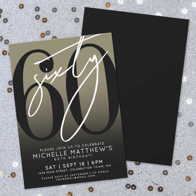 Invitation Fête d'anniversaire des 60 ans de Black Gold Moder (Modern Black Gold 60th Birthday Party Invitation)