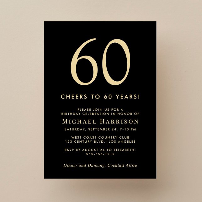 Invitation Fête d'anniversaire des 60 ans Elegant Black Gold (Créateur téléchargé)