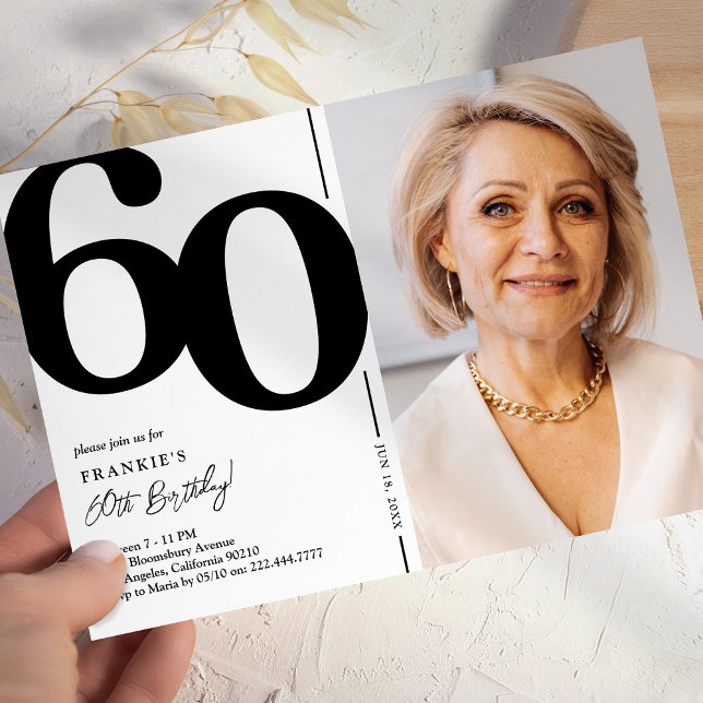 Invitation Fête d'anniversaire des 60 ans en photo noir blanc (Créateur téléchargé)