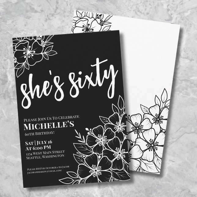 Invitation Fête d'anniversaire des 60 ans Noir Blanc (Elegant Sixty Black White 60th Birthday Party Invitation)