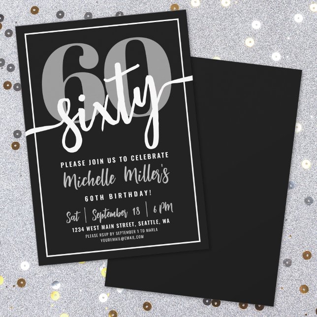 Invitation Fête d'anniversaire des 60 ans noir moderne (Modern Black 60th Birthday Party Invitation)