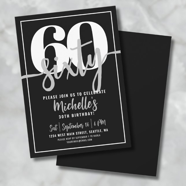 Invitation Fête d'anniversaire des 60 ans noir moderne (Modern Black 60th Birthday Party Invitation)