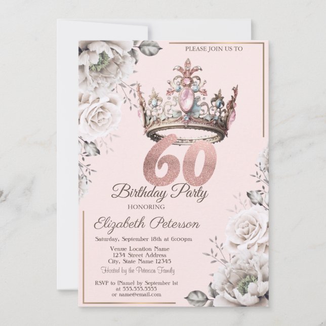 Invitation Fête d'anniversaire des 60 ans Princess Crown Flor (Devant)