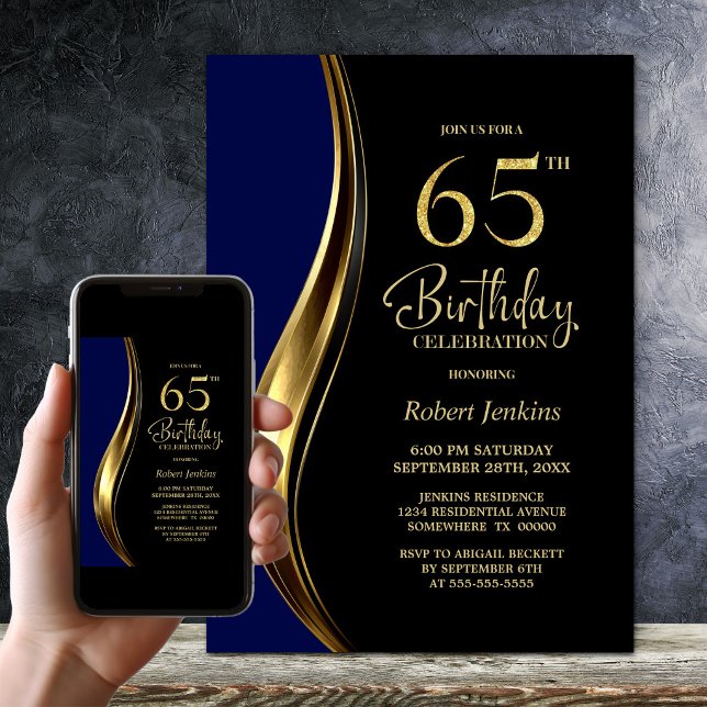 Invitation Fête d'anniversaire des 65 ans de Black Gold Blue (Créateur téléchargé)