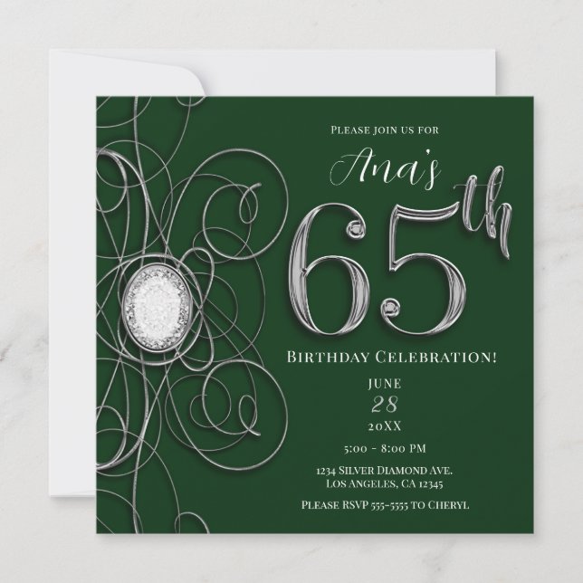 Invitation Fête d'anniversaire des 65 ans Green & Silver Diam (Devant)
