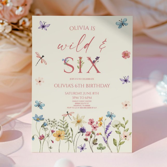 Invitation Fête d'anniversaire des 6 ans Wild & Six Wildflowe (Créateur téléchargé)