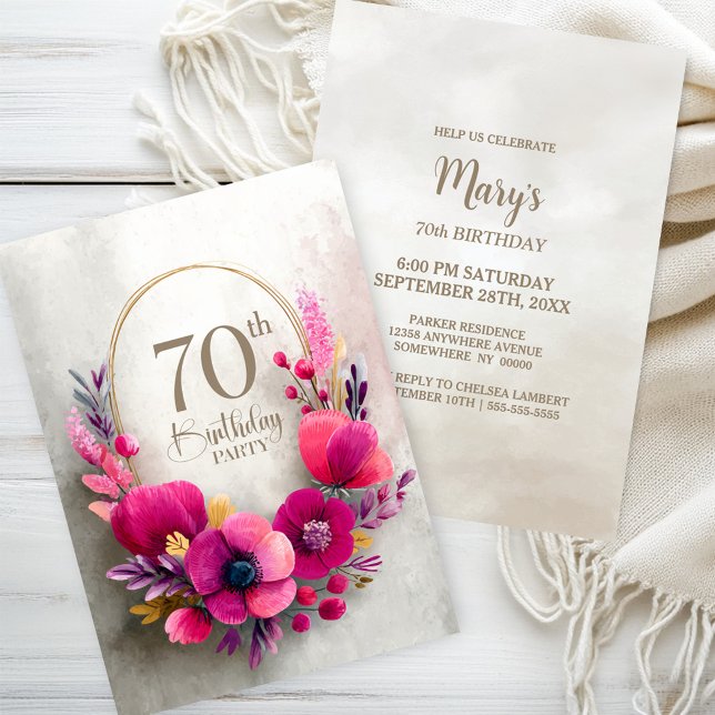 Invitation Fête d'anniversaire des 70 ans aux fleurs roses (Créateur téléchargé)