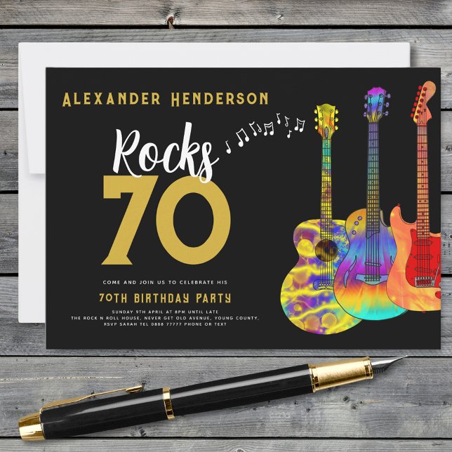 Invitation Fête d'anniversaire des 70 ans du Rock and Roll (Rock and roll 70th birthday party black and gold invitation )