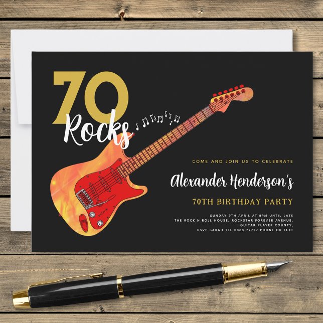 Invitation Fête d'anniversaire des 70 ans du Rock and Roll 70 (Rock and roll 70th birthday party black and gold invitation with fire electric guitar music)