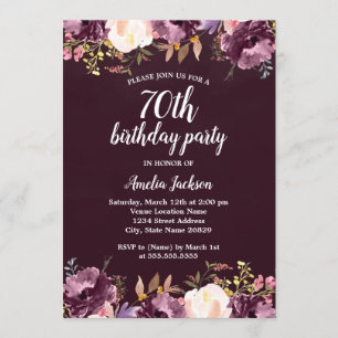 Invitation Fête d'anniversaire des 70 ans Floral Aquarelle Fl