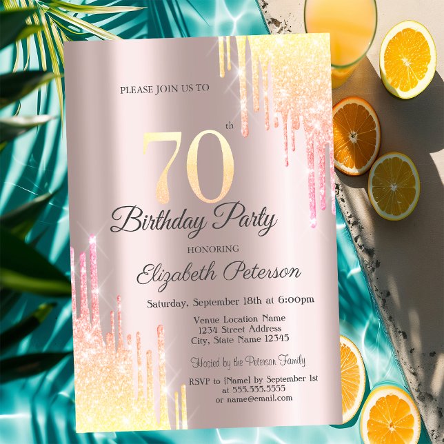 Invitation Fête d'anniversaire des 70 ans Ombre Glitter Drips (Créateur téléchargé)