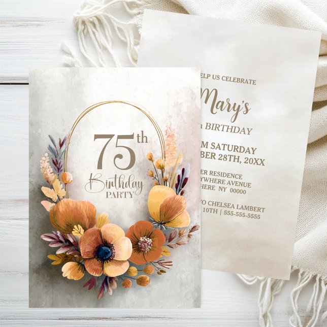 Invitation Fête d'anniversaire des 75 ans aux fleurs d'orange (Créateur téléchargé)