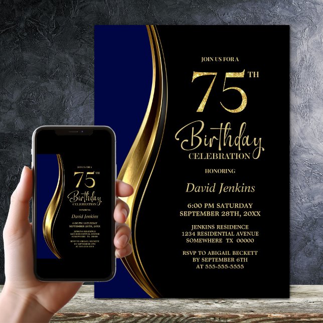 Invitation Fête d'anniversaire des 75 ans de Black Gold Blue (Créateur téléchargé)