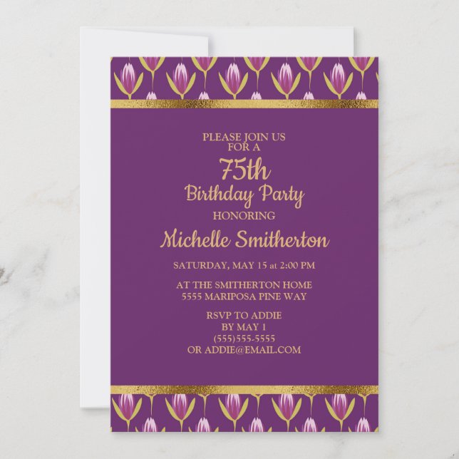 Invitation Fête d'anniversaire des 75 ans élégante et violett (Devant)