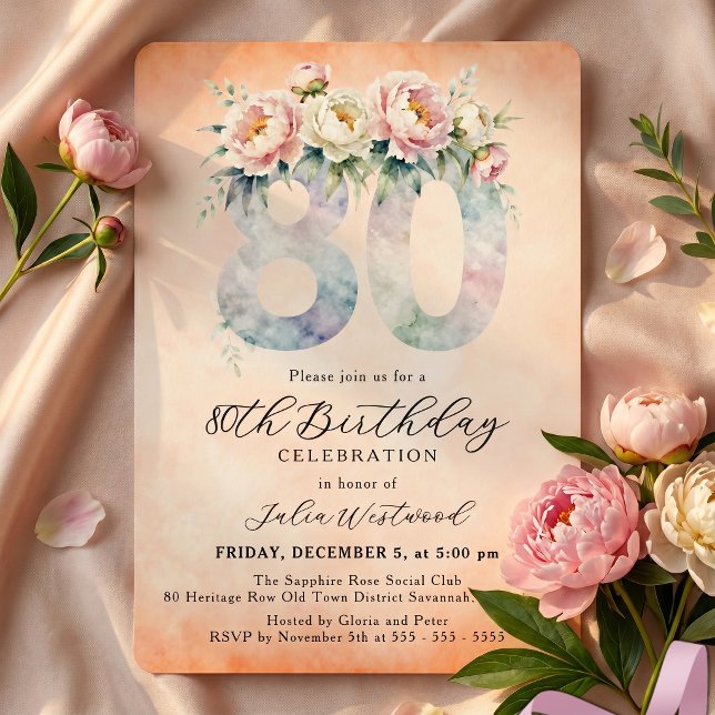 Invitation Fête d'anniversaire des 80 ans à l'aquarelle flora (Créateur téléchargé)