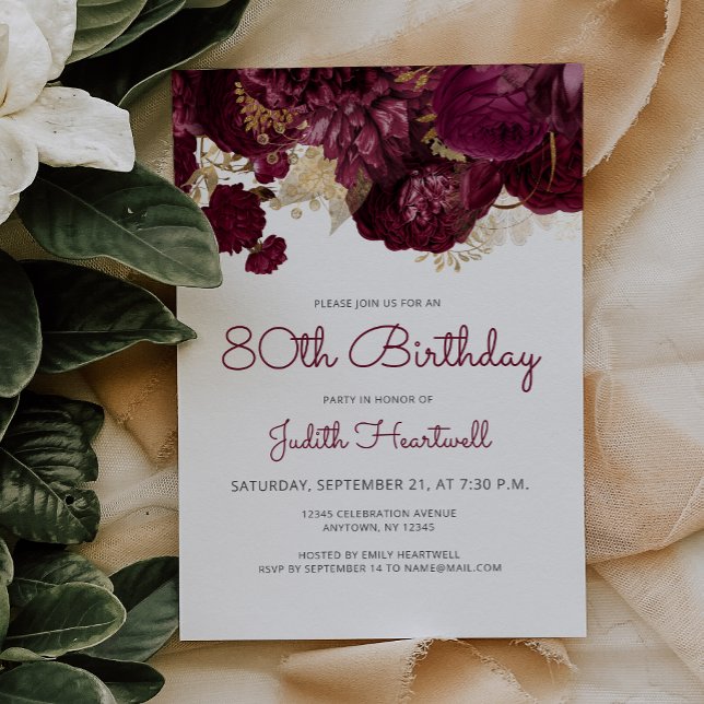 Invitation Fête d'anniversaire des 80 ans aux fleurs rouges d (Créateur téléchargé)