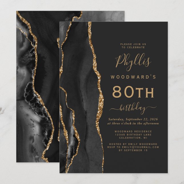 Invitation Fête d'anniversaire des 80 ans Black Gold Agate Da (Devant / Derrière)