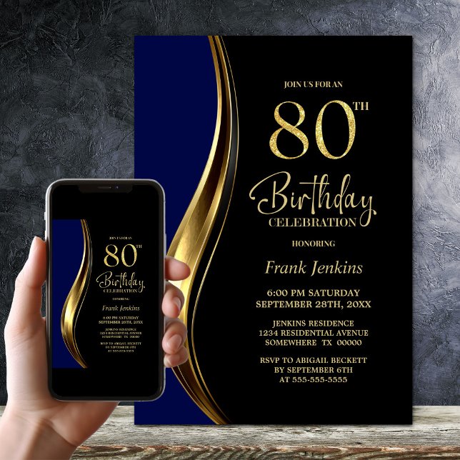 Invitation Fête d'anniversaire des 80 ans de Black Gold Blue (Créateur téléchargé)
