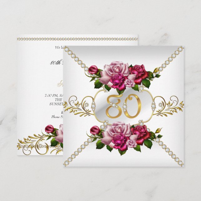 Invitation Fête d'anniversaire des 80 ans de femmes Roses ros (Devant / Derrière)