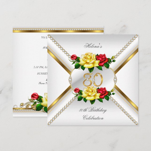 Invitation Fête d'anniversaire des 80 ans de femmes Roses rou (Devant / Derrière)