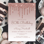 Invitation Fête d'anniversaire des 80 ans Glam Rose Gold<br><div class="desc">Cette invitation d'anniversaire tendance pour les 80 ans présente une bordure scintillante à gouttes de faux strass rose gold et un fond ombré. Les mots "80e anniversaire" et le nom de l'invité d'honneur apparaissent dans une écriture manuscrite décontractée rose foncé, le reste du texte personnalisable étant en police sans serif....</div>
