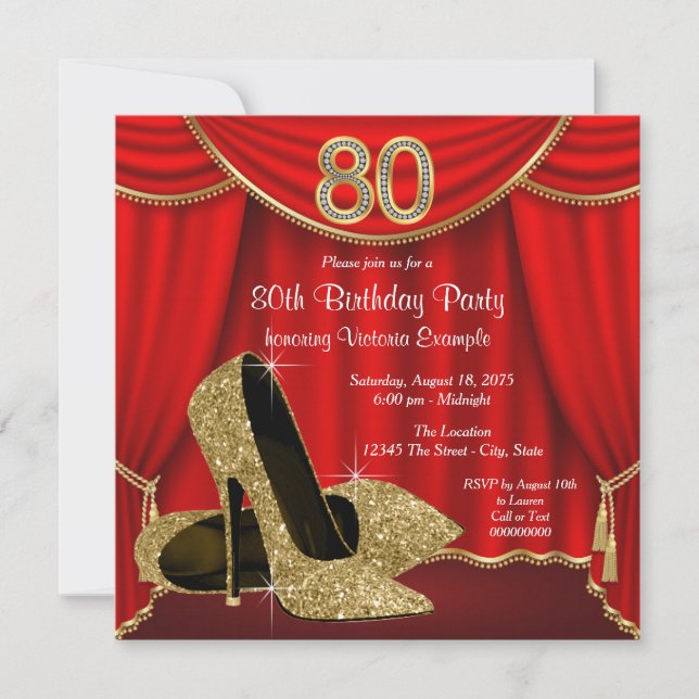 Invitation Fête d'anniversaire des 80 ans Red Gold High Heel (Devant)