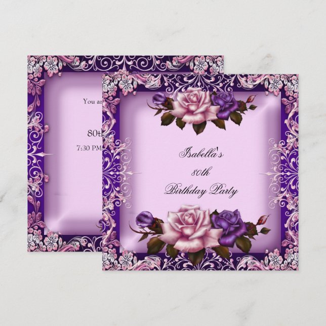 Invitation Fête d'anniversaire des 80 ans Rose lilas violet é (Devant / Derrière)